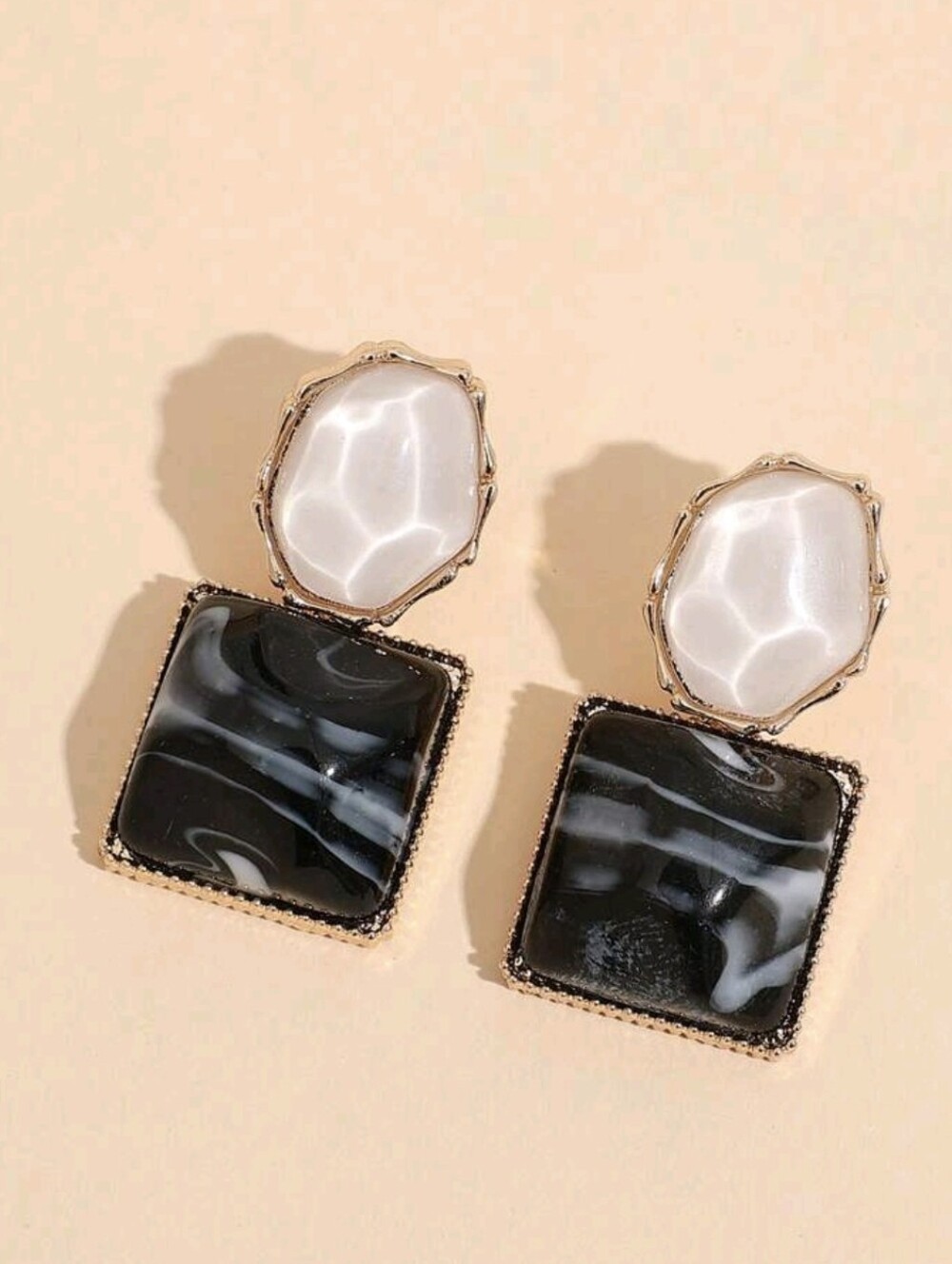 Gold-Trim Black & Pearl Drop Earrings